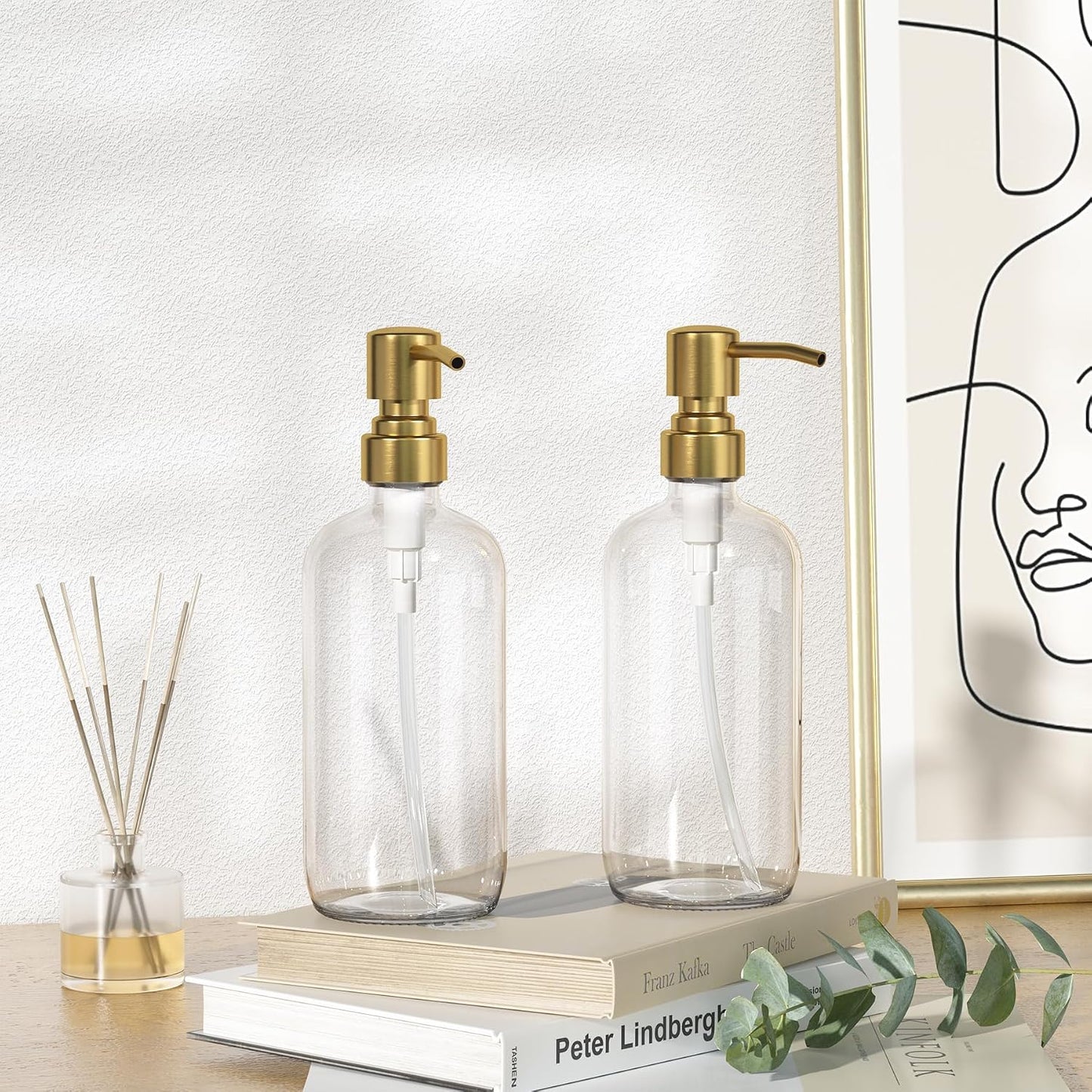 AmazerBath Soap Dispenser, 2 Pack Glass Soap Dispenser with Pump Stainless Steel, 17 Oz Clear Gold Hand Soap Dispensers