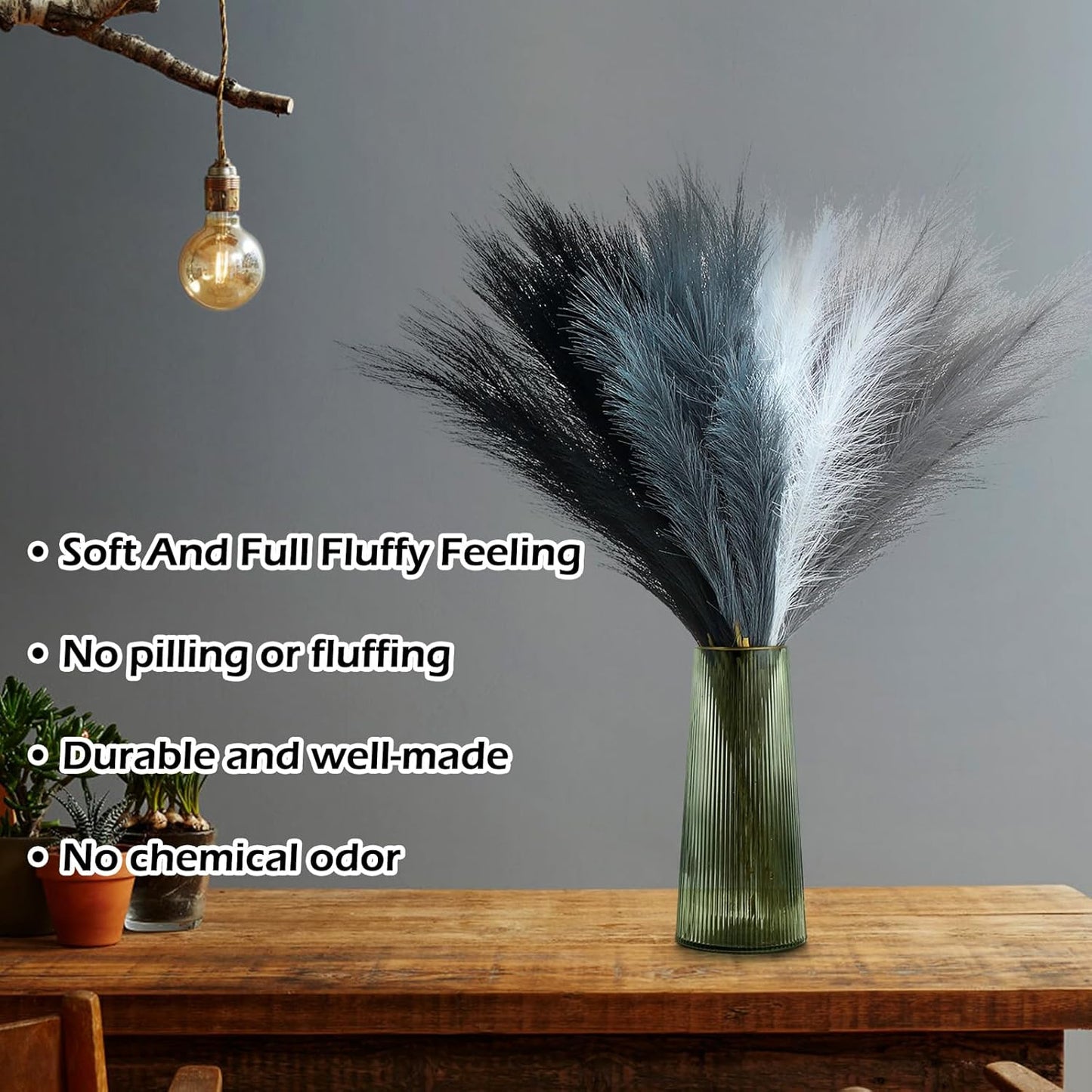 Pampas Grass Decor " Fluffy Black White Grey Faux Short / Black Grey White / 21.7 Inch / Set of 80