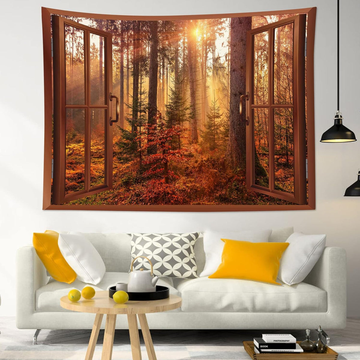 HVEST Fall Tapestry Autumn Maple Tree Forest Scenery outside Window Tapestry for Bedroom, Rustic Thanksgiving Wall Art for Living Room Dorm Holiday Wall Decor, 59W X 51H Inches