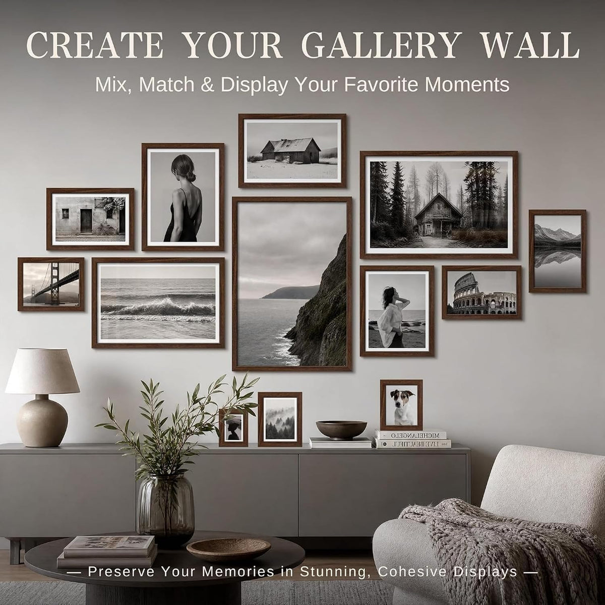 VCK 12x18 Frames Set of 6, Elegant Brown Wood Picture Frame | 1.1in Wide Border, Wall Hanging, HD Plexiglass