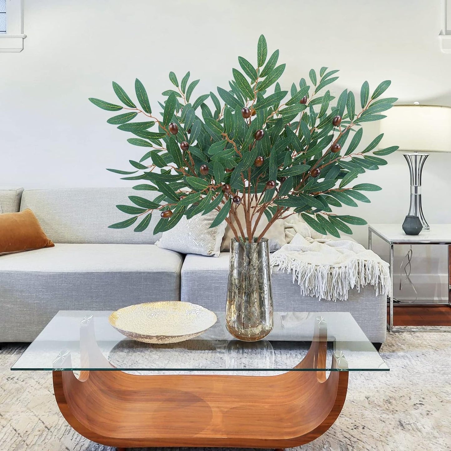 Artificial Olive Branches for Vase 26" Fake Olive Stems Faux Greenery Stems / Green / 6P / Set of 6