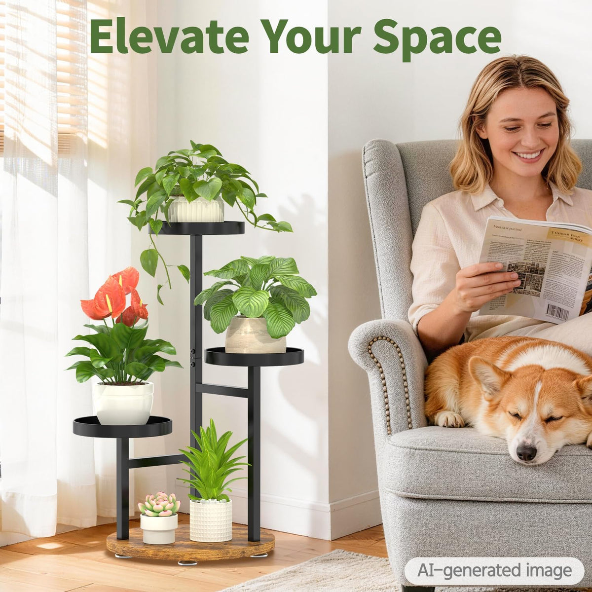 LASZOLA Corner Plant Stand Indoor Flower Shelf Tall, 3 Tiers Metal Black | Heavy Duty Wooden Holder Rack, for Mutiple