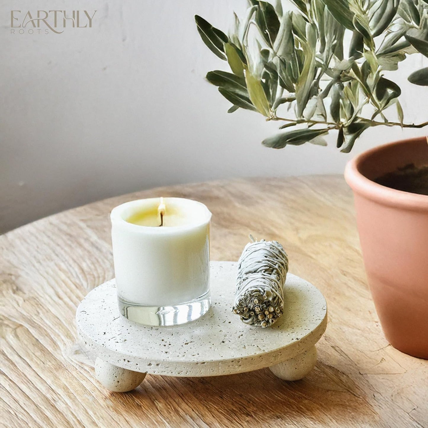 100% Travertine Footed Tray / Natural