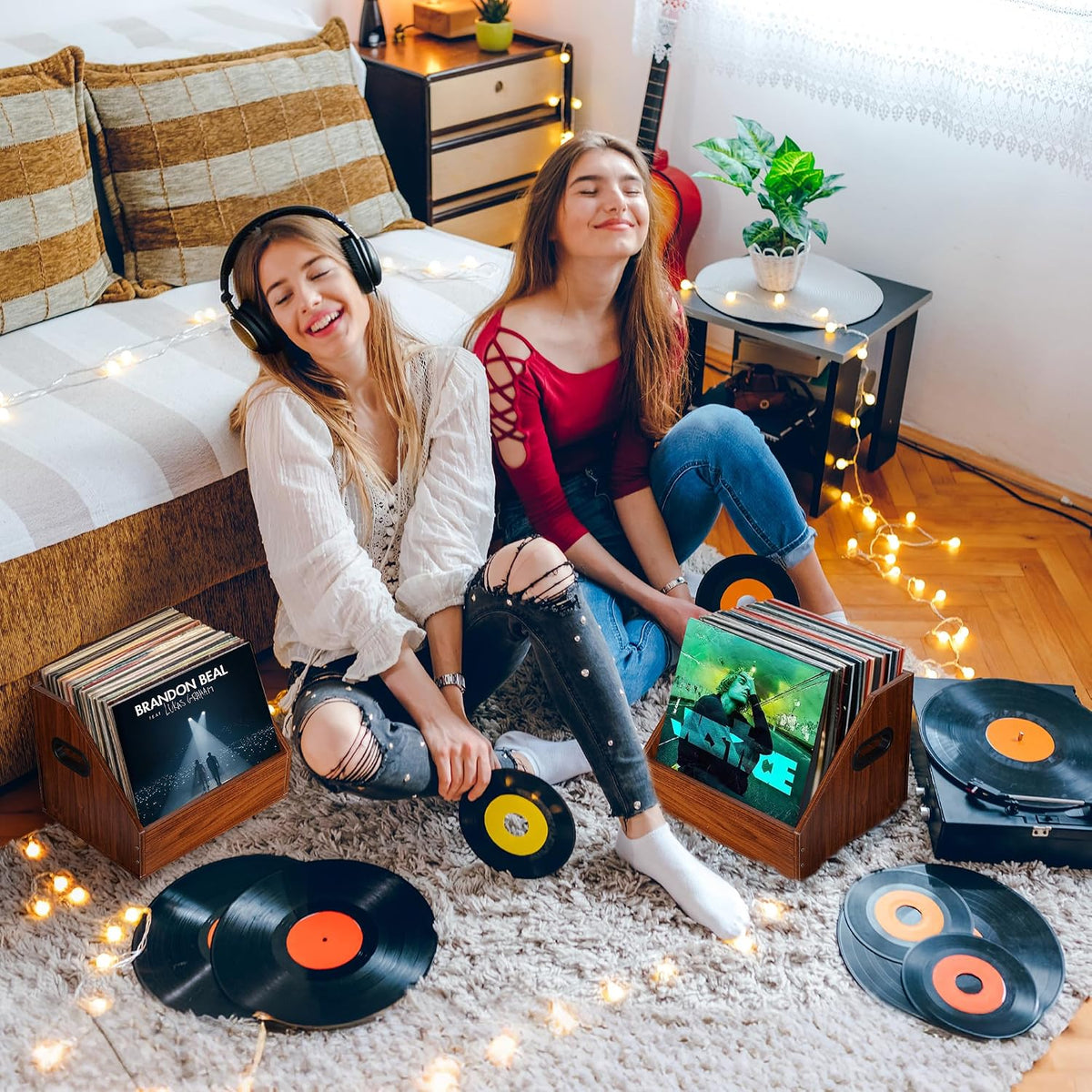 Vinyl Record Storage, Wooden Record Crate Box Case, Vinyl Album Storage Record Holder Holds up to 60+ Records, Desktop
