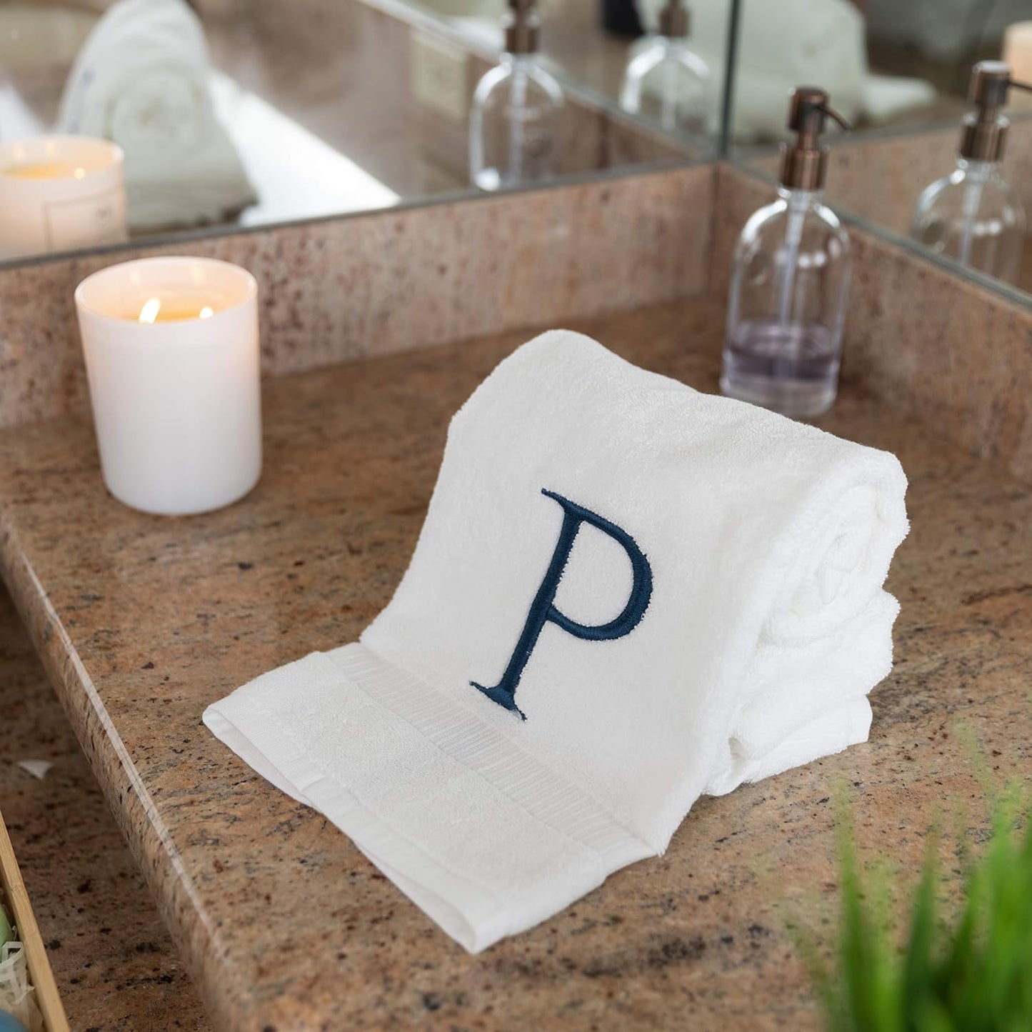 White with Navy Monogrammed Hand Towels for Bathroom - Set of 2 Letter P | Luxury Hotel Quality Initial Towels For