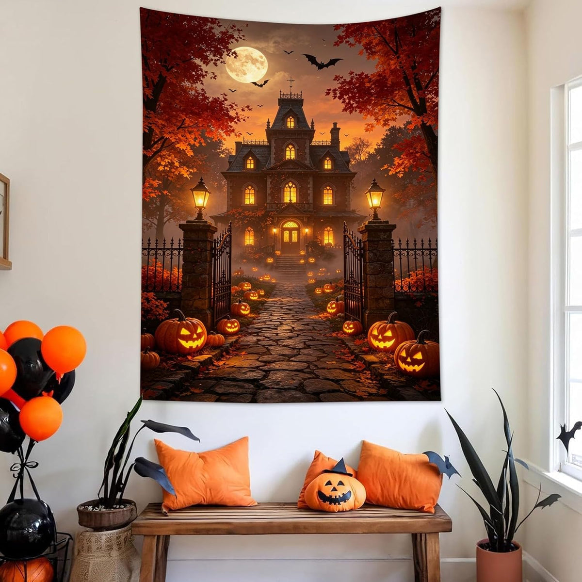 LB Fall Halloween Tapestry Horror Pumpkin Haunted House Wall Tapestry Red Maple Tree Black Bat Night Moon Tapestries Wall Hanging for Bedroom Living Room Dorm Decor, 51Wx59H inches