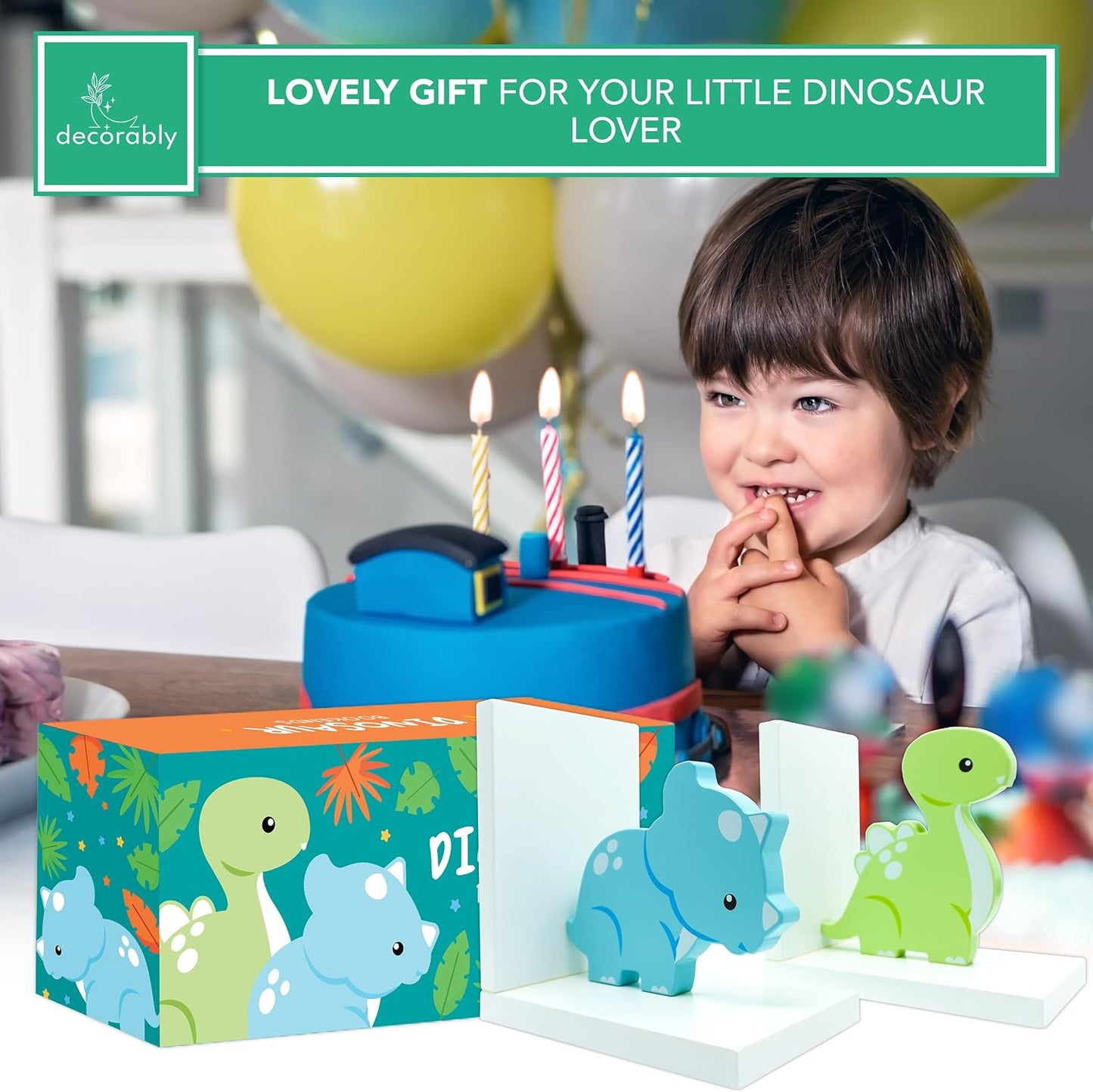 2-Piece Non-Skid Wooden Decorative Kids Bookends for Boys and Girls Room / Baby Blue & Green