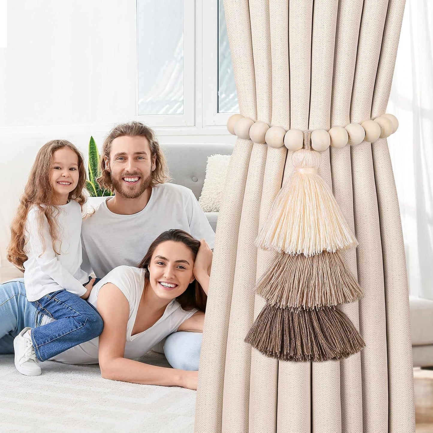 4 Pack Magnetic Curtain Tiebacks with 3-Tier Tassel, Wood Bead Curtain Holdbacks No Drill, Boho Curtain Tie Backs
