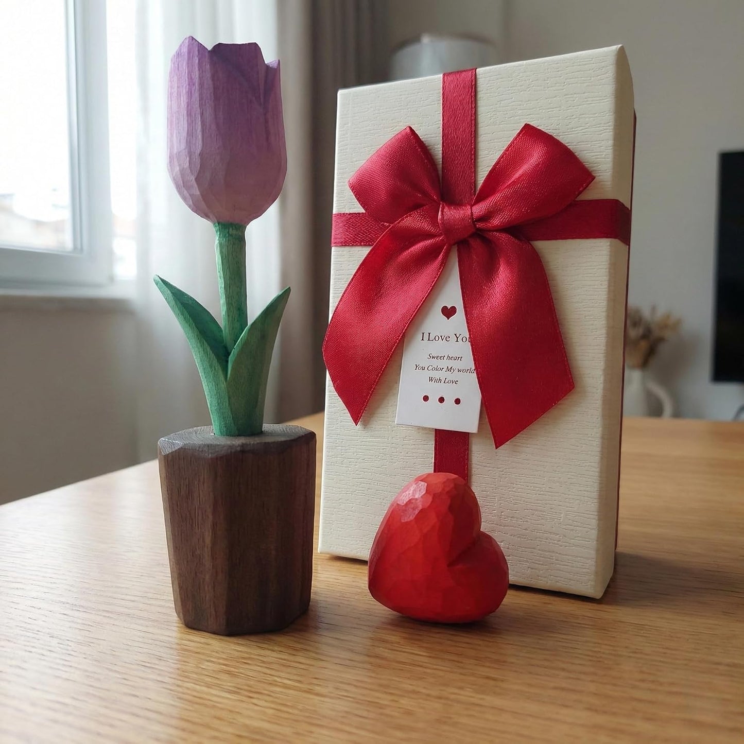 Hand Carved Wooden Tulip Flower / Lavender Purple
