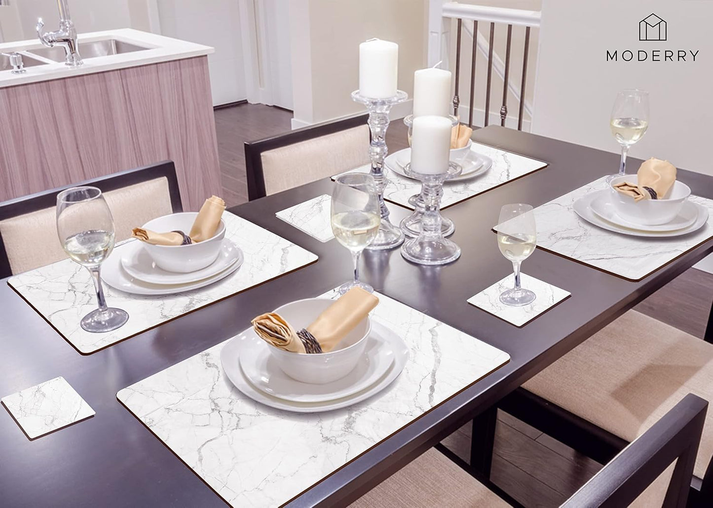 Heat Resistant Cork Placemats for Dining Table / White Marble / Set of 4
