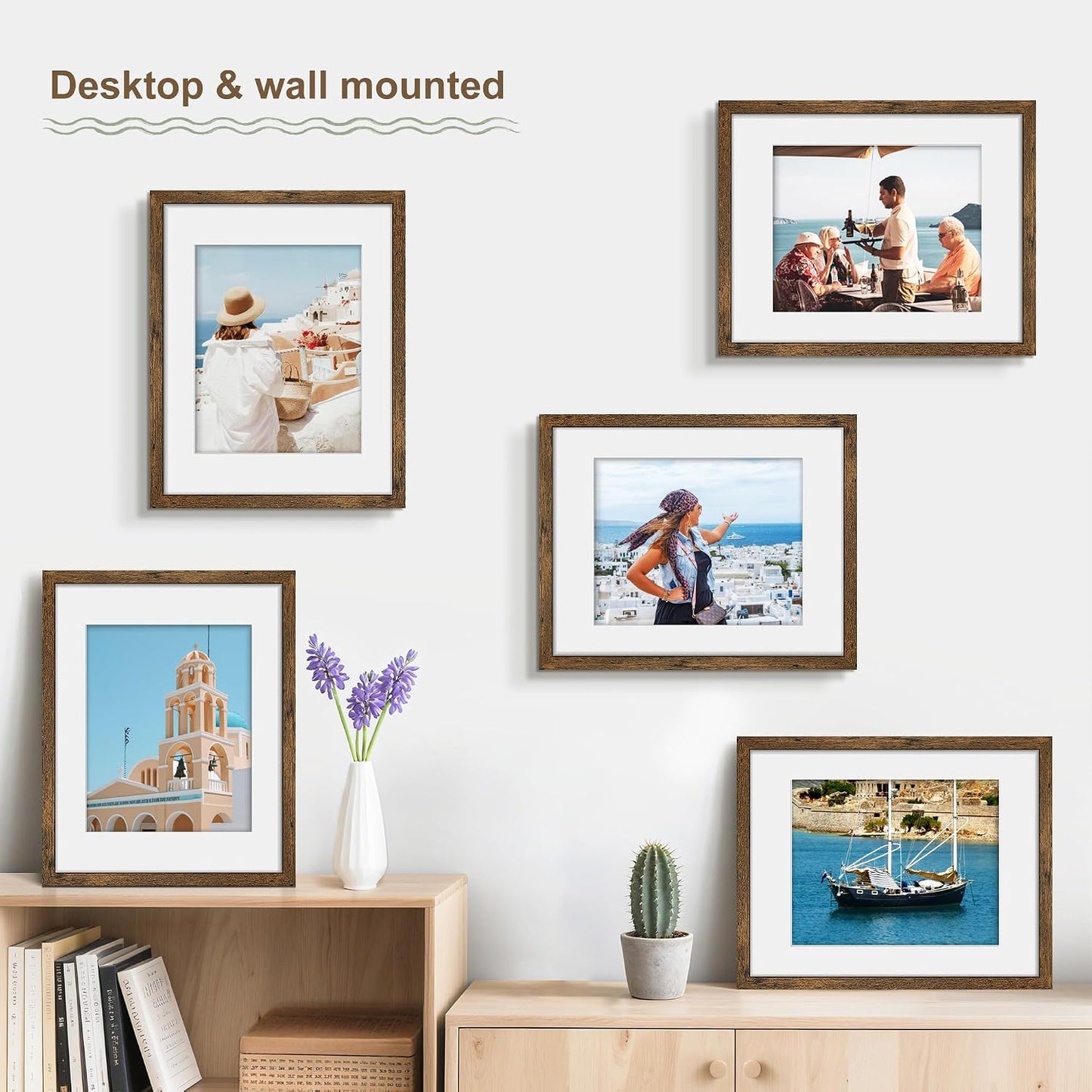 11x14 Picture Frame Set of 6, Wall or Tabletop Display, Rustic Brown | Display Pictures 8x10 with Mat or 11x14 without