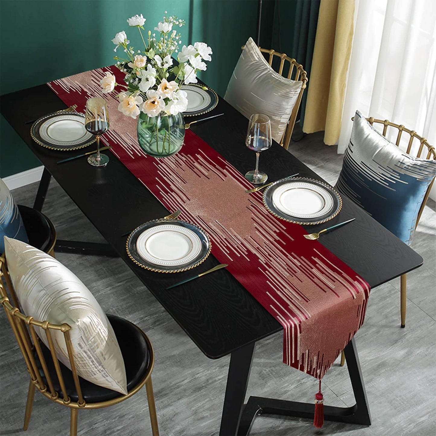 Elegant Modern Red Table Runner,13"x98", Luxury Contemporary Geometric | Table Runners 98 Inches Long, Thick Double