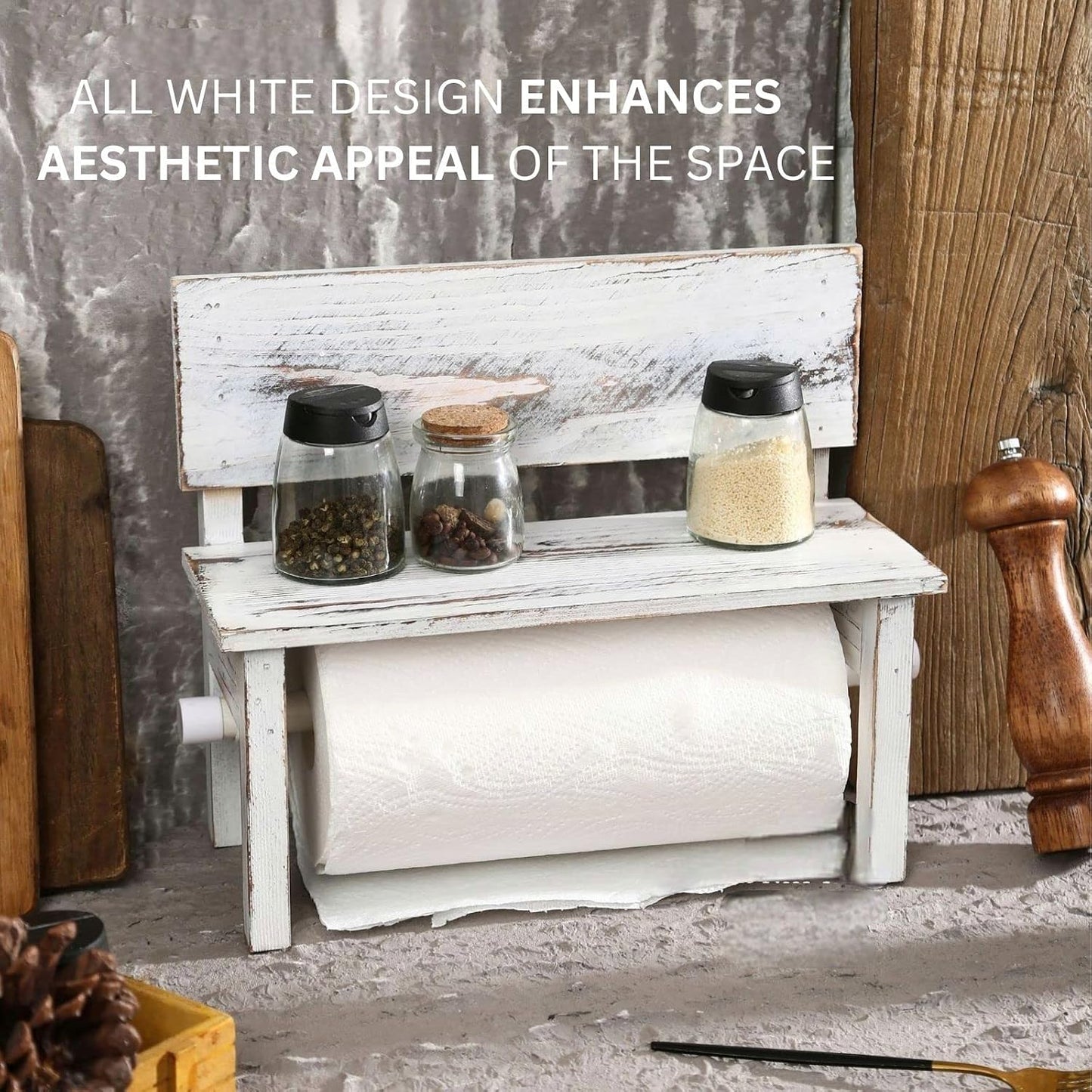 Farmhouse Paper Towel Holder for Kitchen Countertop with Shelf,Rustic Decorative Bench Paper Towel Dispenser