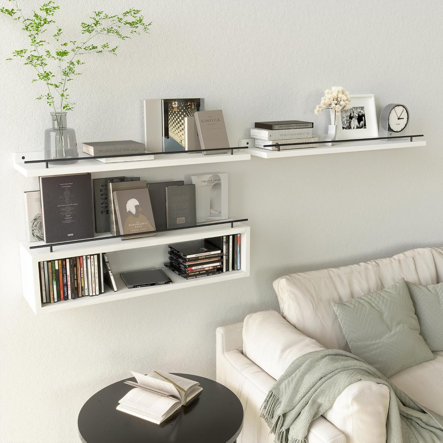 Floating Shelves for Wall 24 inch with Cube Shelf, Wall Shelves with Metal Rail for Bathroom Decor, Bathroom Organizers