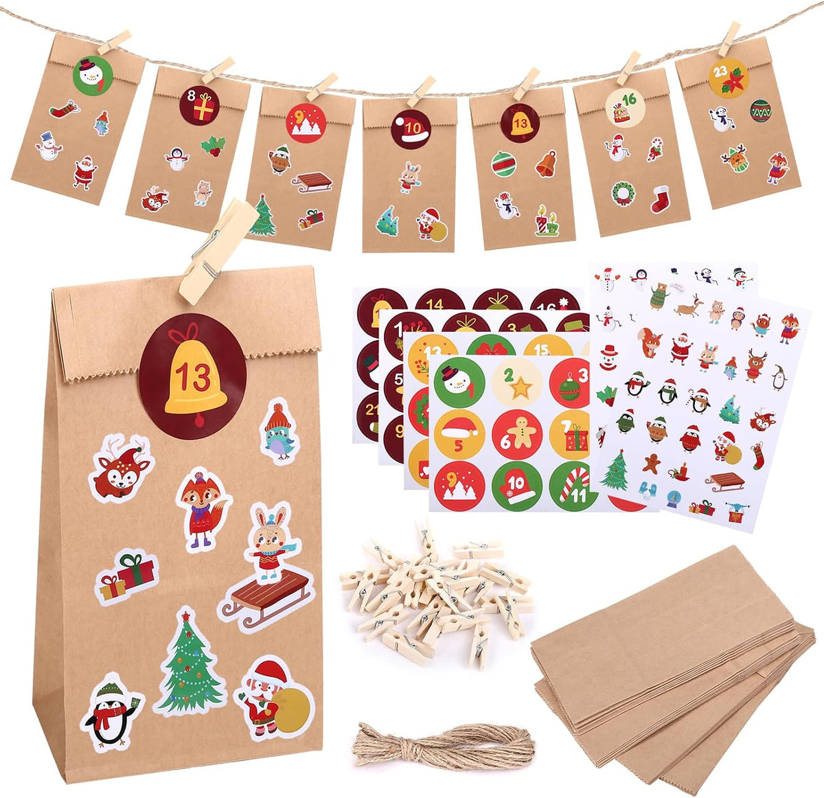 Naler 24 Pcs Christmas Gift Bags, Paper Goodie Bags with Stickers & Clips