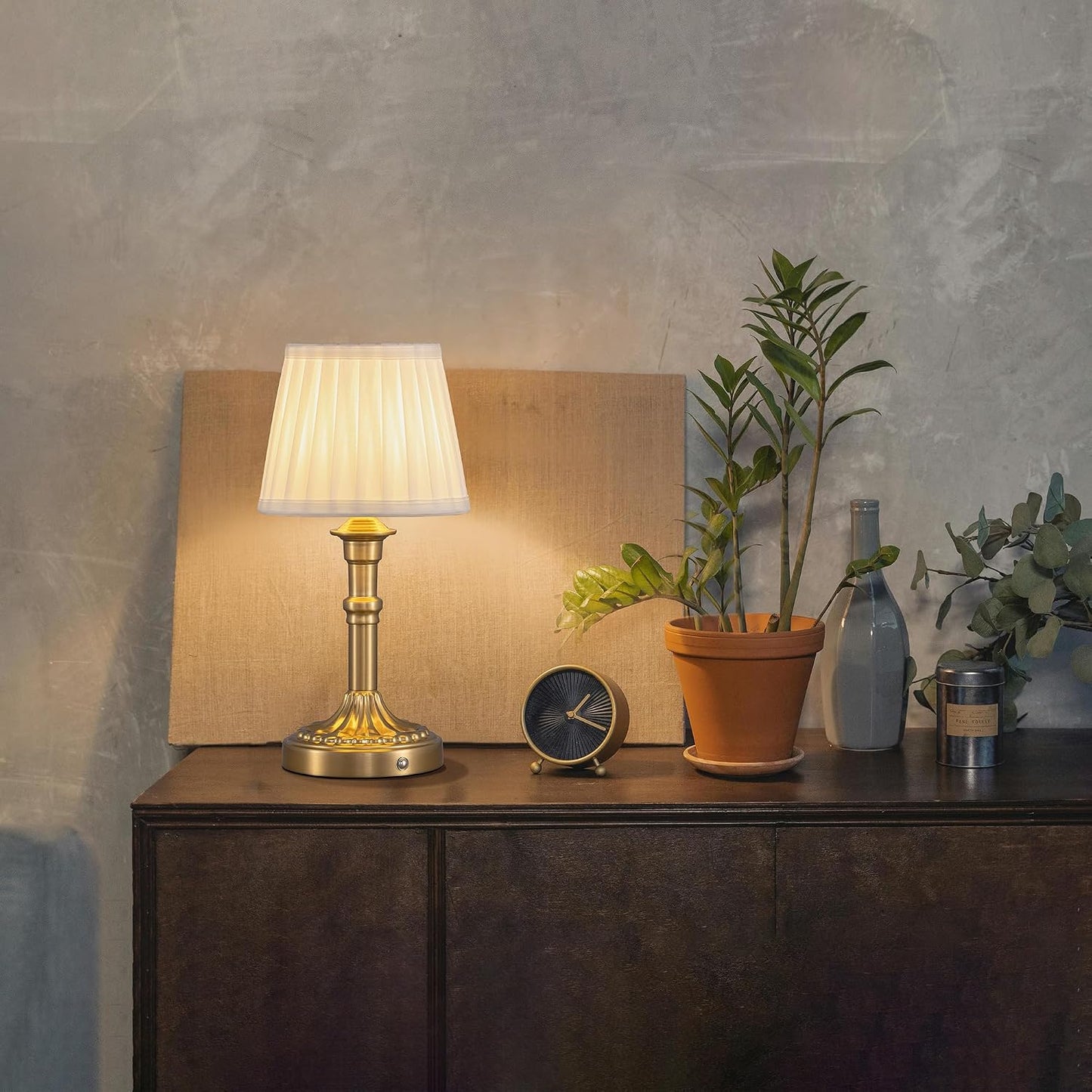 KDG Gold Cordless Portables Table Lamp, Beige Fabric Shade Small Desk Lamp | 4000mAh Battery Powered, LED Lighting