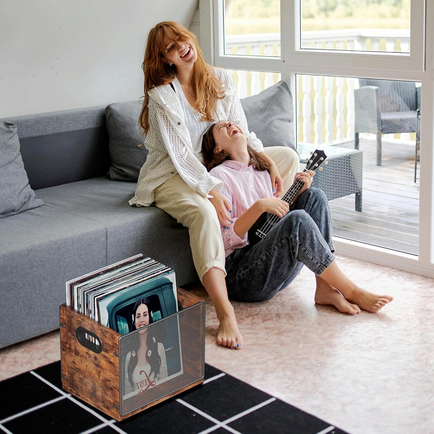 Homeiju Wooden & Metal Record Crate - Vinyl Album Holder & Organizer, Holds Up to 60 Records