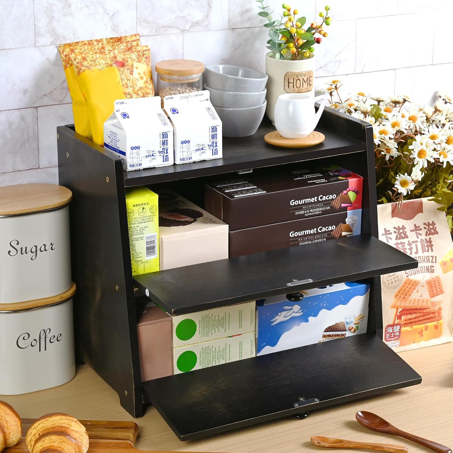 Bamboo Corner Bread Box for Kitchen Countertop 2-Tier Black | Farmhouse Bread Storage Container, Large Pantry