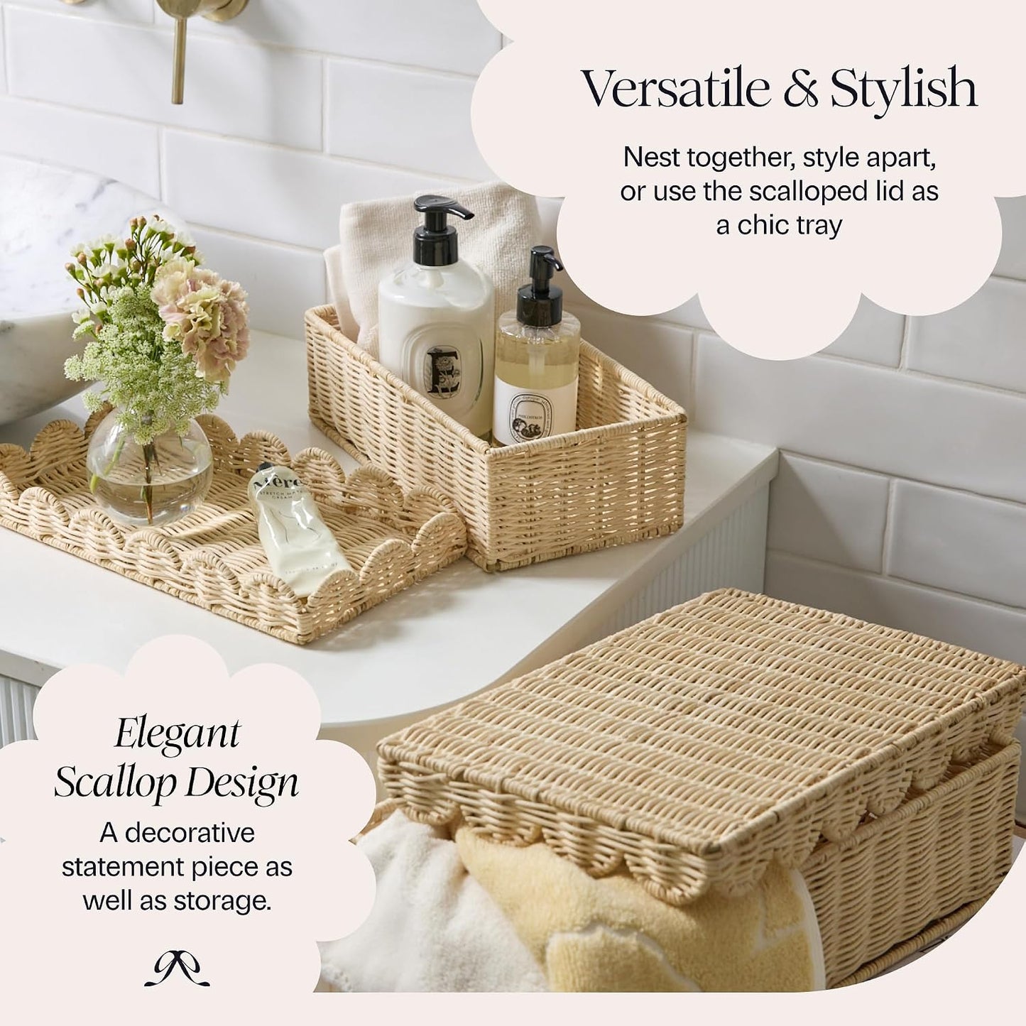 Scalloped Wicker Basket / Natural / 14 x 8 x 4 / Set of 2