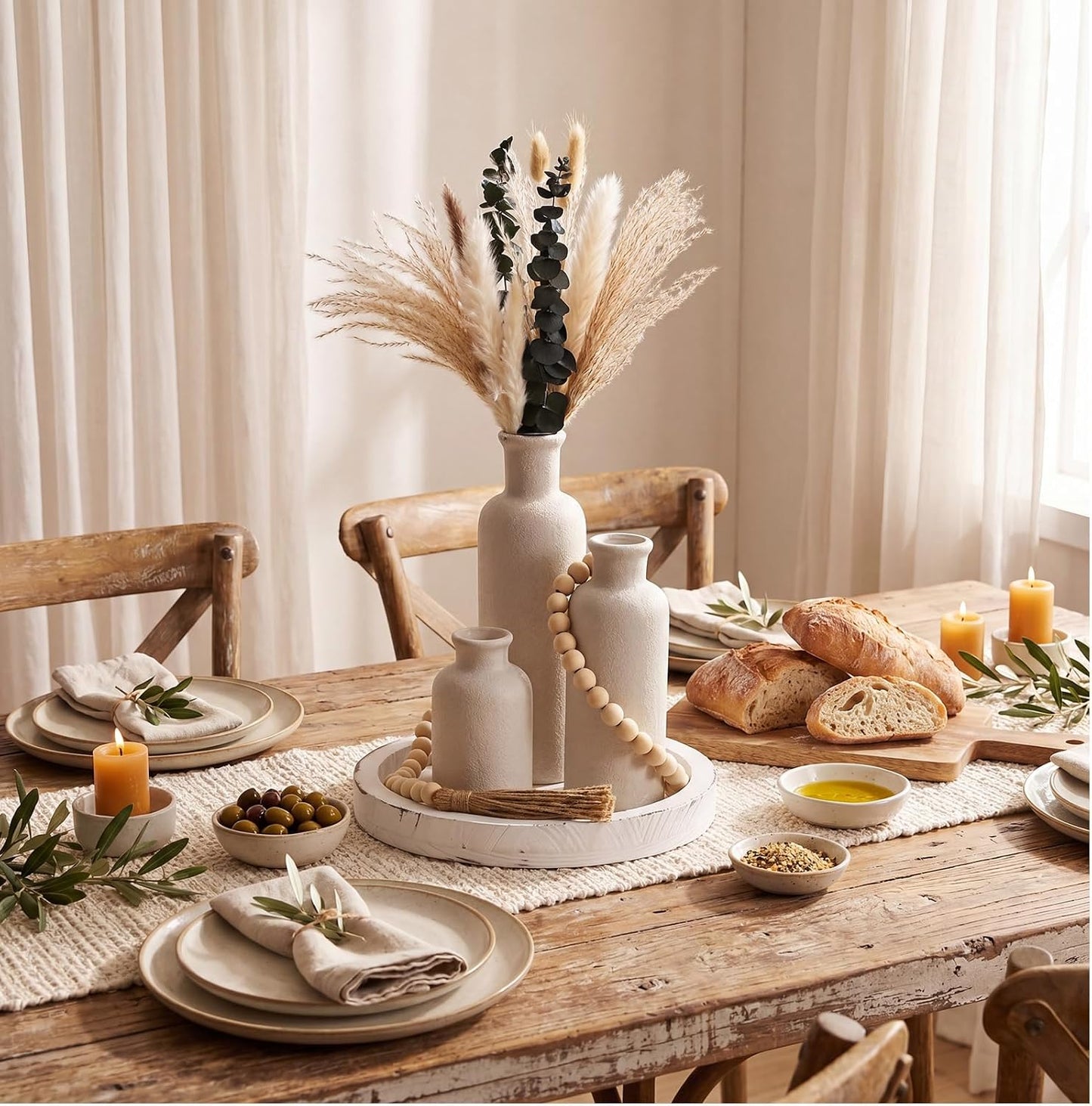 Wooden Serving Tray Wood Bead Garland / Cement Style White / Set of 5