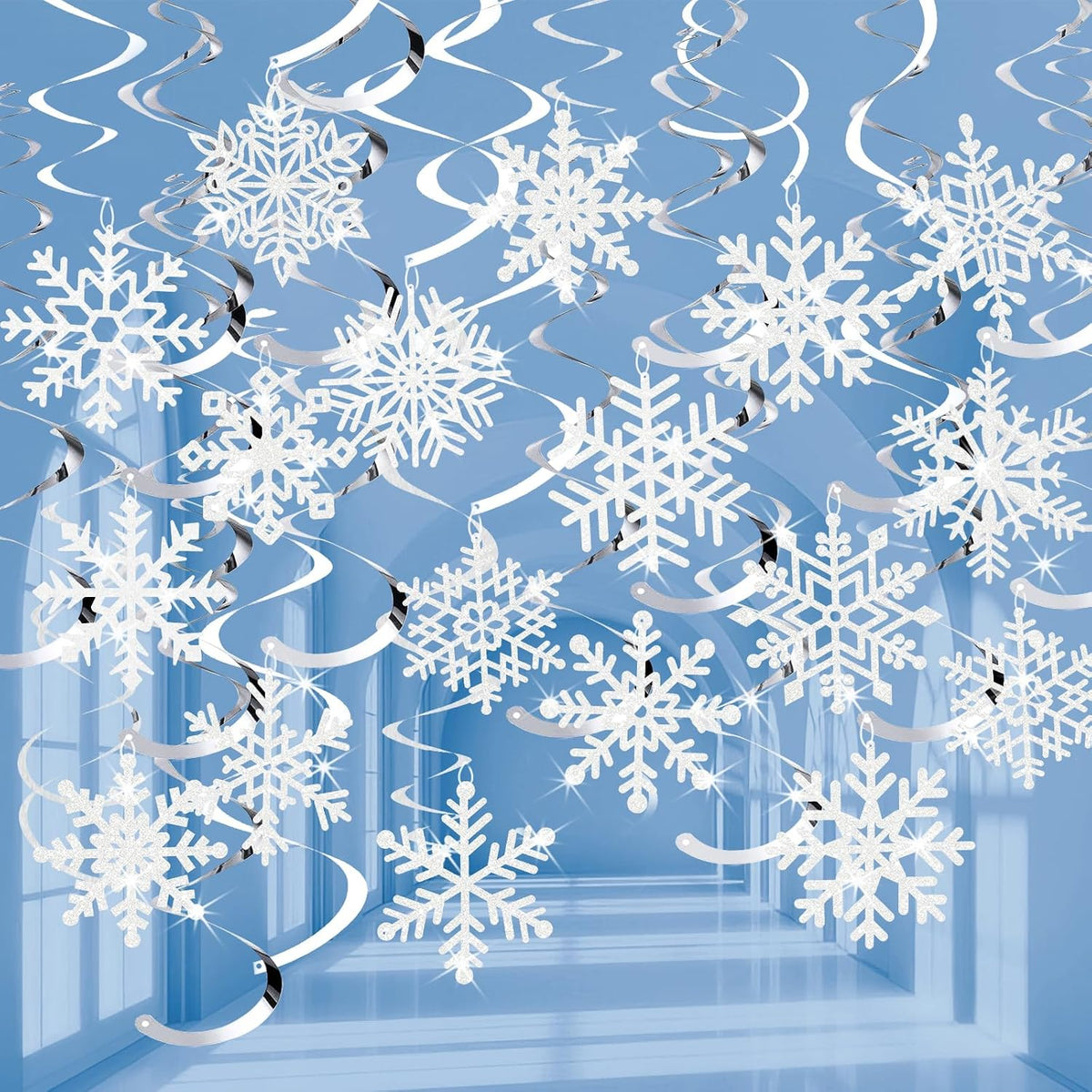 Snowflake Decorations, Christmas Hanging Decor, 30 Glitter Snowflake Swirls