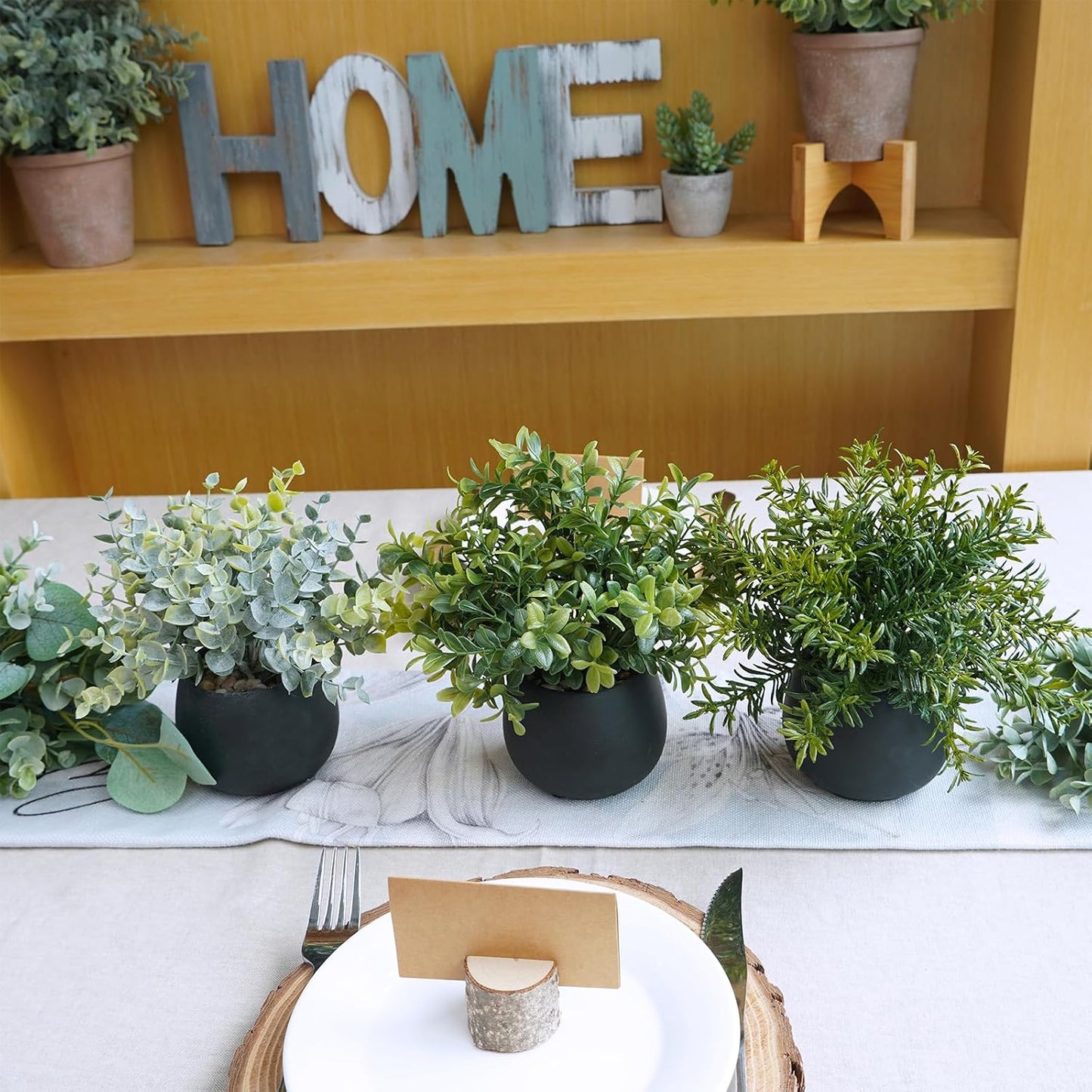 Small Potted Faux Plants 8" Artificial Eucalyptus Rosemary Boxwood Plants / Black Pots / Set of 3