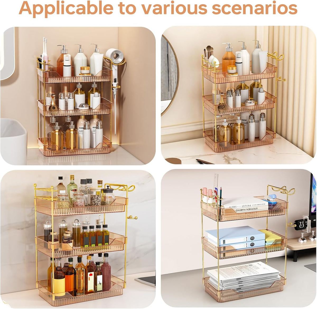 3-Tier Bathroom Countertop Organizer - Amber Acrylic Vanity Trays with Hair Dryer & Toothbrush Holder - Luxury