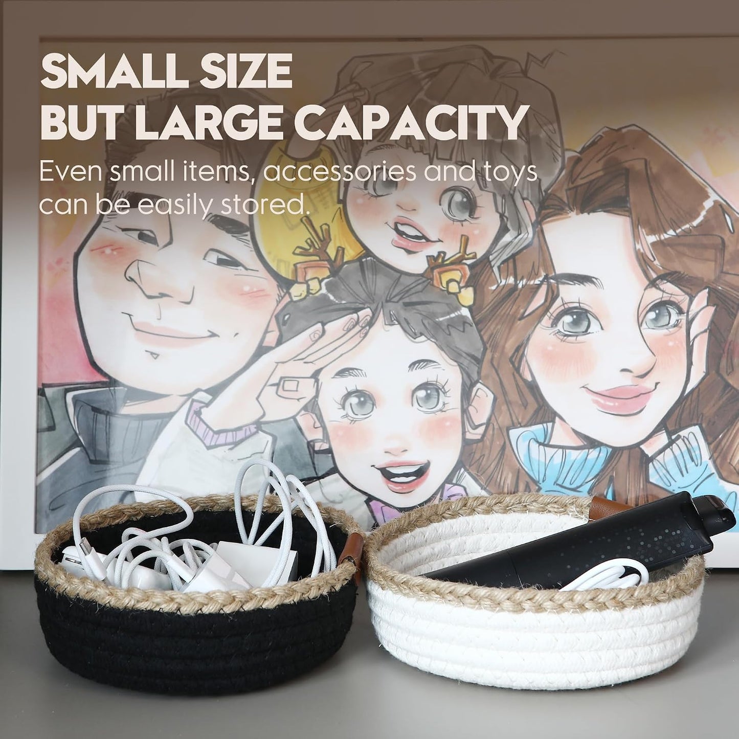 Small Cotton Rope Storage Basket Set / White & Jute / Set of 3