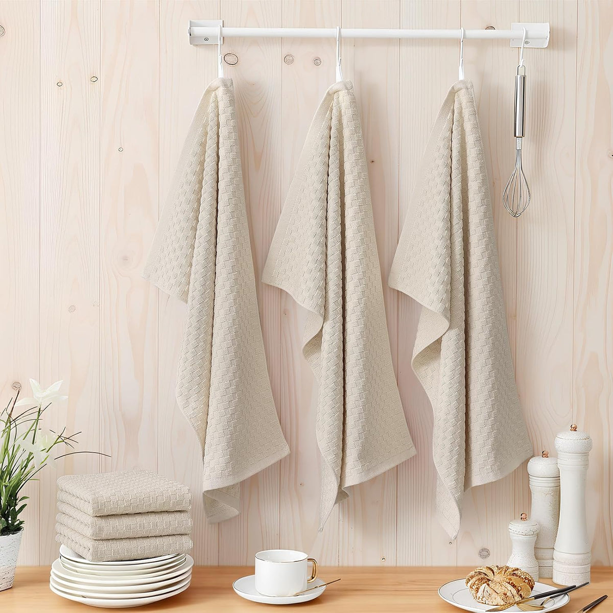 Homaxy 100% Cotton Terry Kitchen Towels(15" x 25", 12 Pack), Beige | Soft and Super Absorbent Dish Towels, 380 GSM