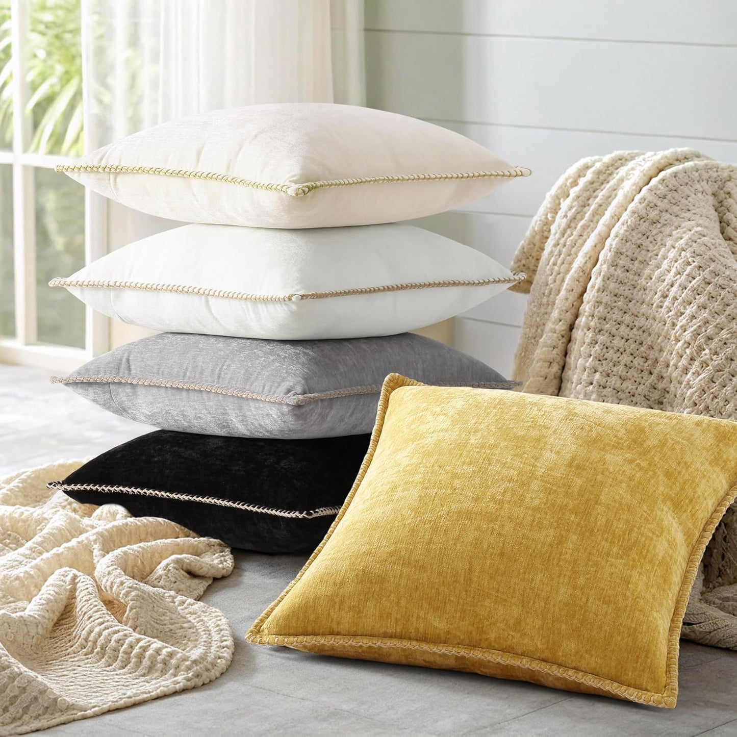 Fall Chenille Soft Throw Pillow Covers / Black / 20 x 20 / Set of 2