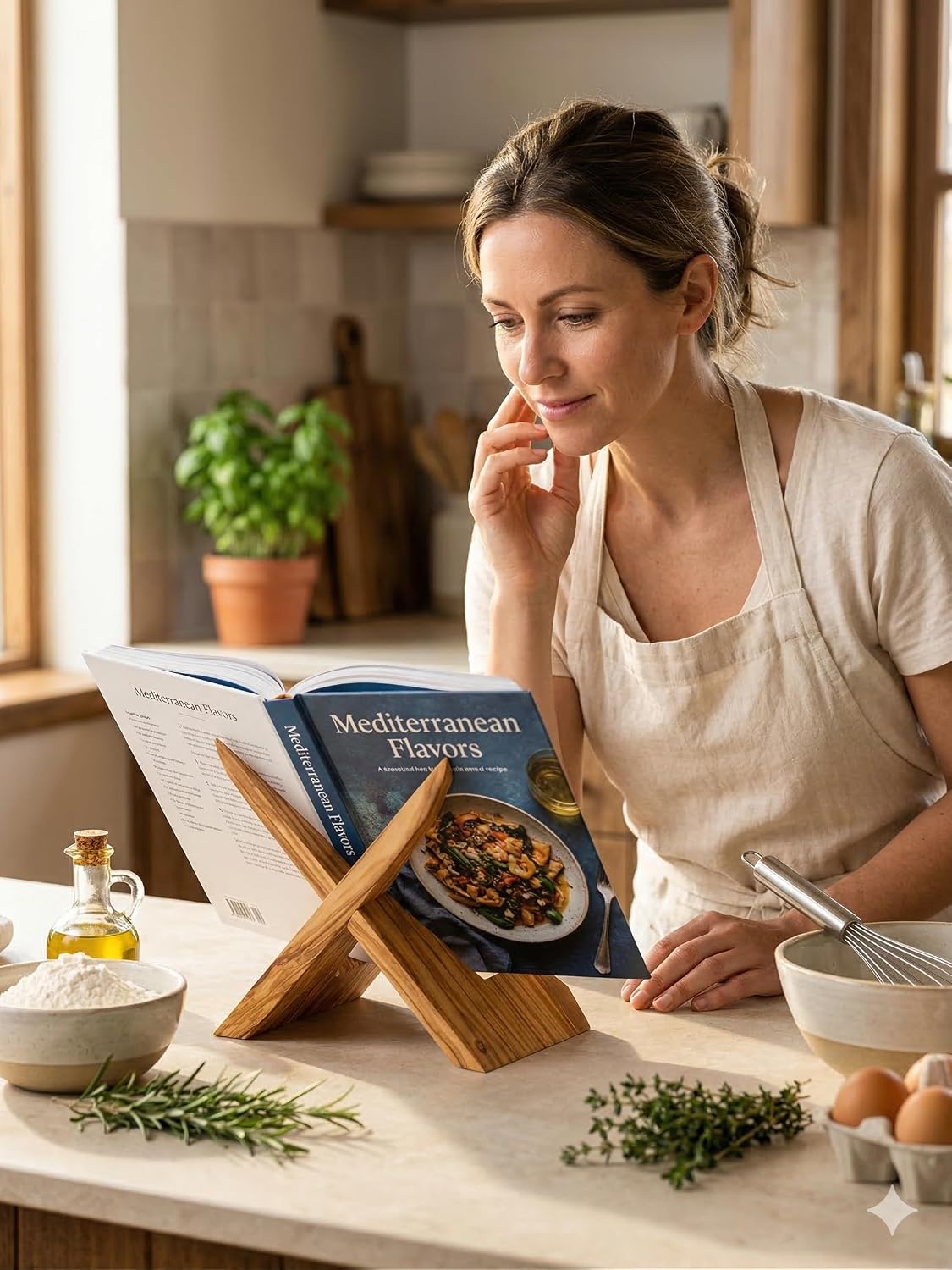 TILISMA Wooden Cook Book Stand - Handmade Olive Cookbook Holder for Reading Hands Free β Plate Stand for Kitchen