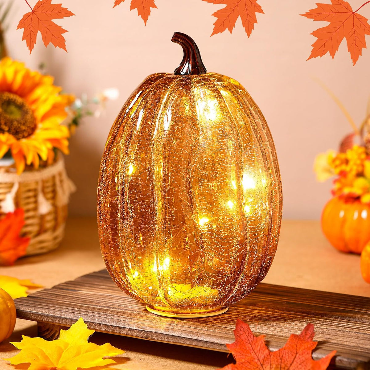 Glooglitter Mercury Glass Pumpkin Light LED Fall Lamp, Oval, Gold, Large