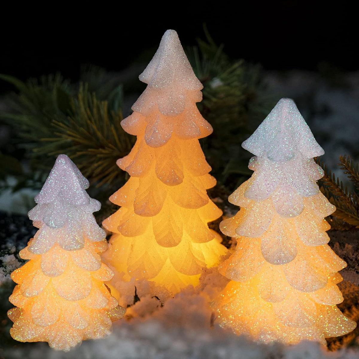 Glittering White Christmas Tree Shaped Flickering Flameless LED Candles with Timer, Real Wax Battery Operated for Home Party Decoration and Gift (Set of 3)