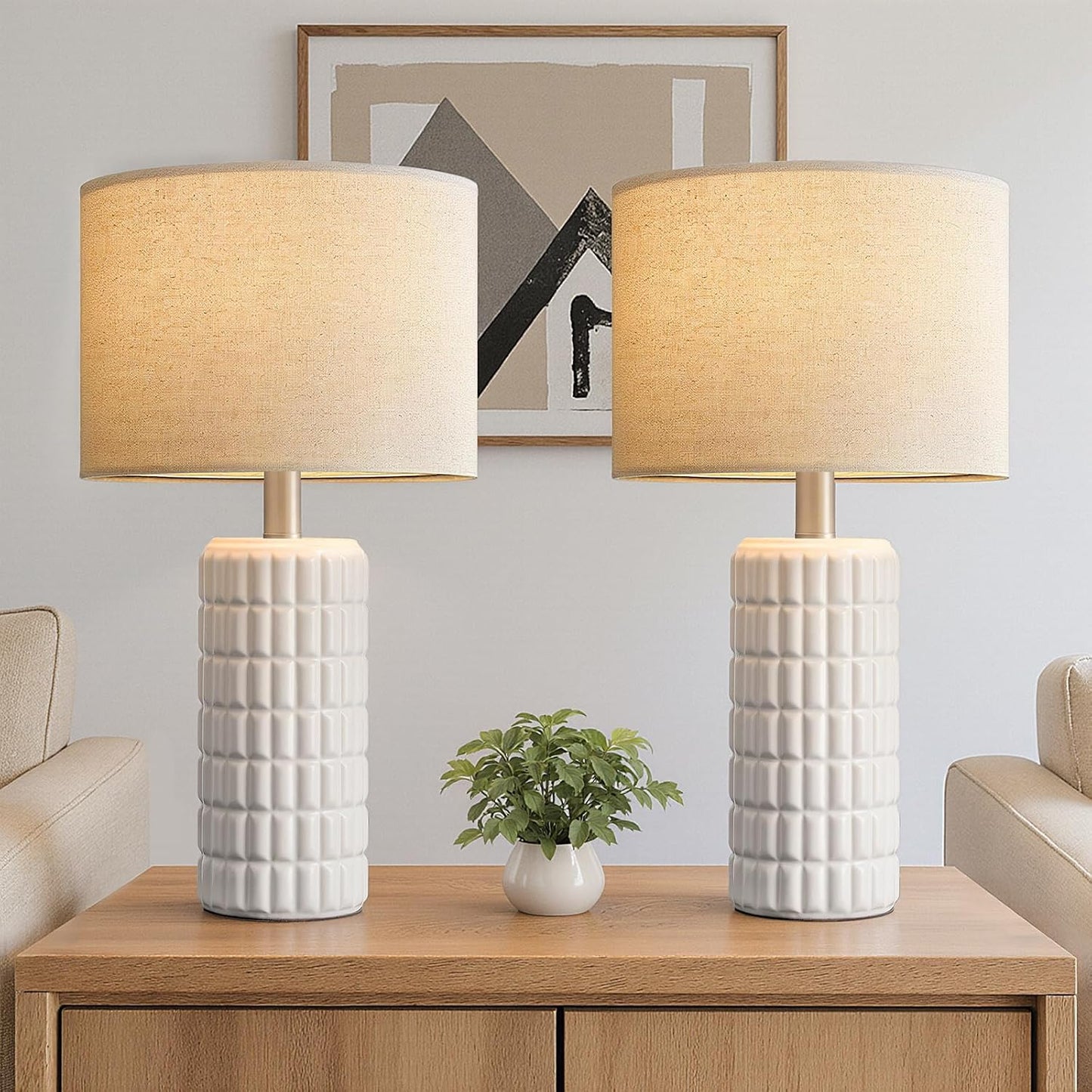 Seealle 23" Modern Ceramic Table Lamps Set of 2, Lamps for Bedroom, White
