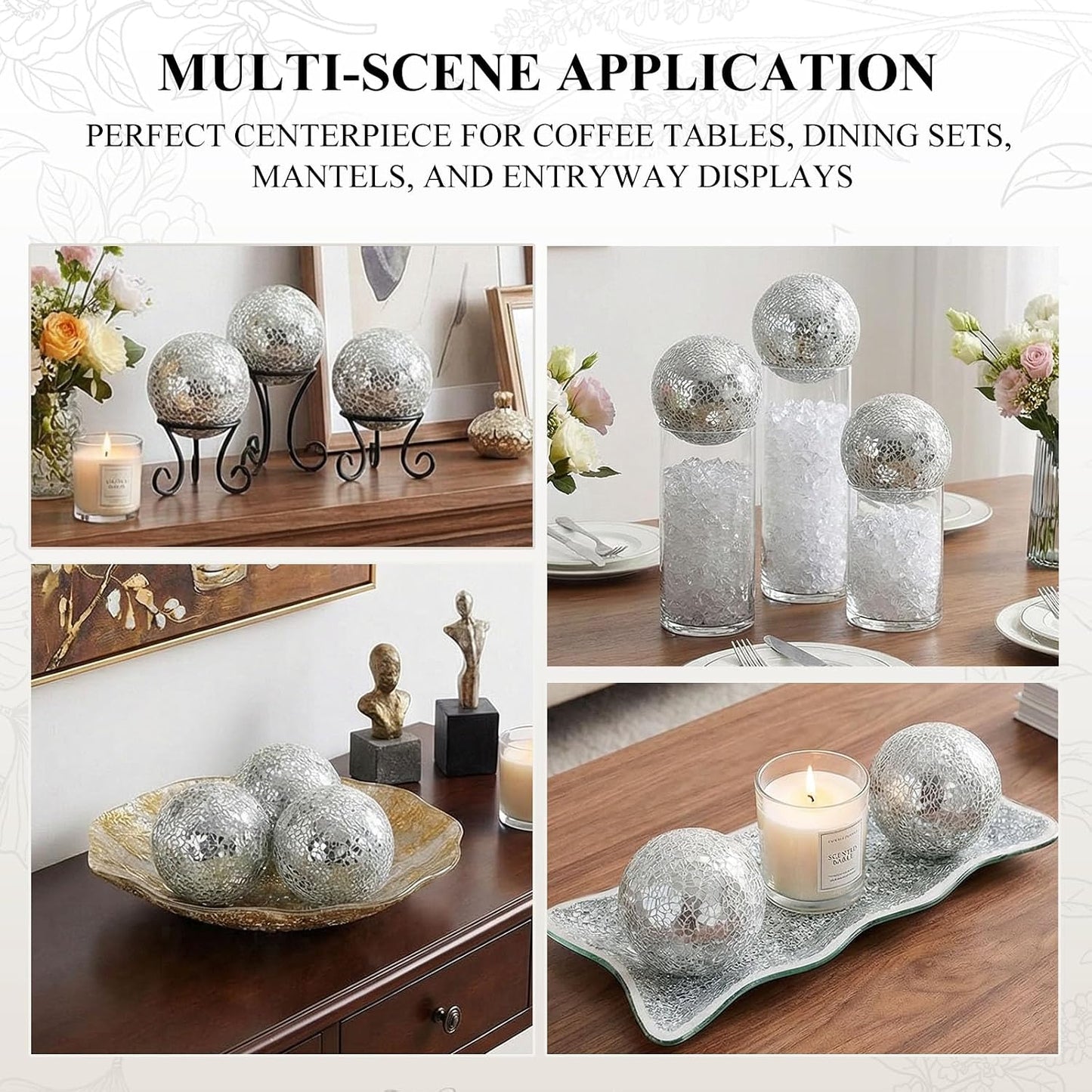 Tray / Orbs Glass Balls for Centerpiece Bowls Mosaic Sphere / Silver / 3 Inch / Set of 3