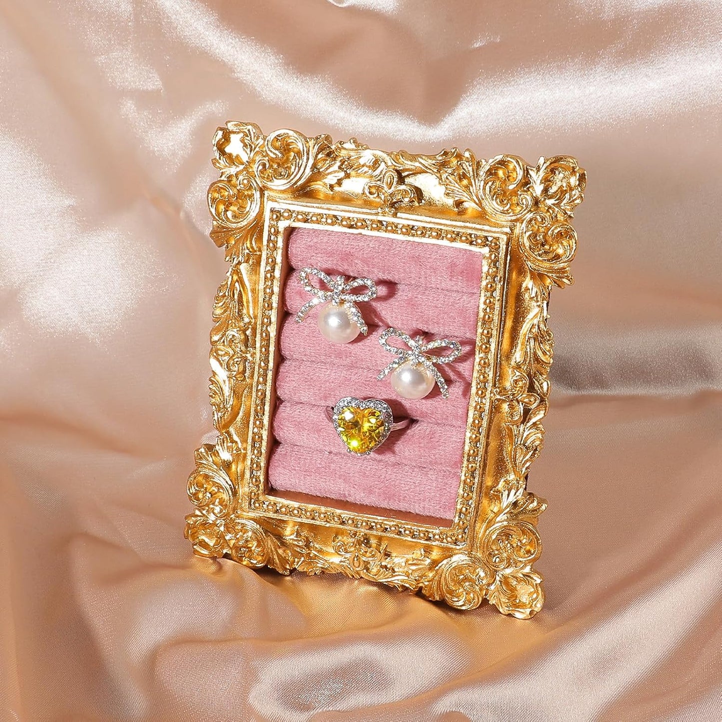 Vintage Ring Holder Rectangle Gold Velvet Display Stand / Mpf05-gold Pink