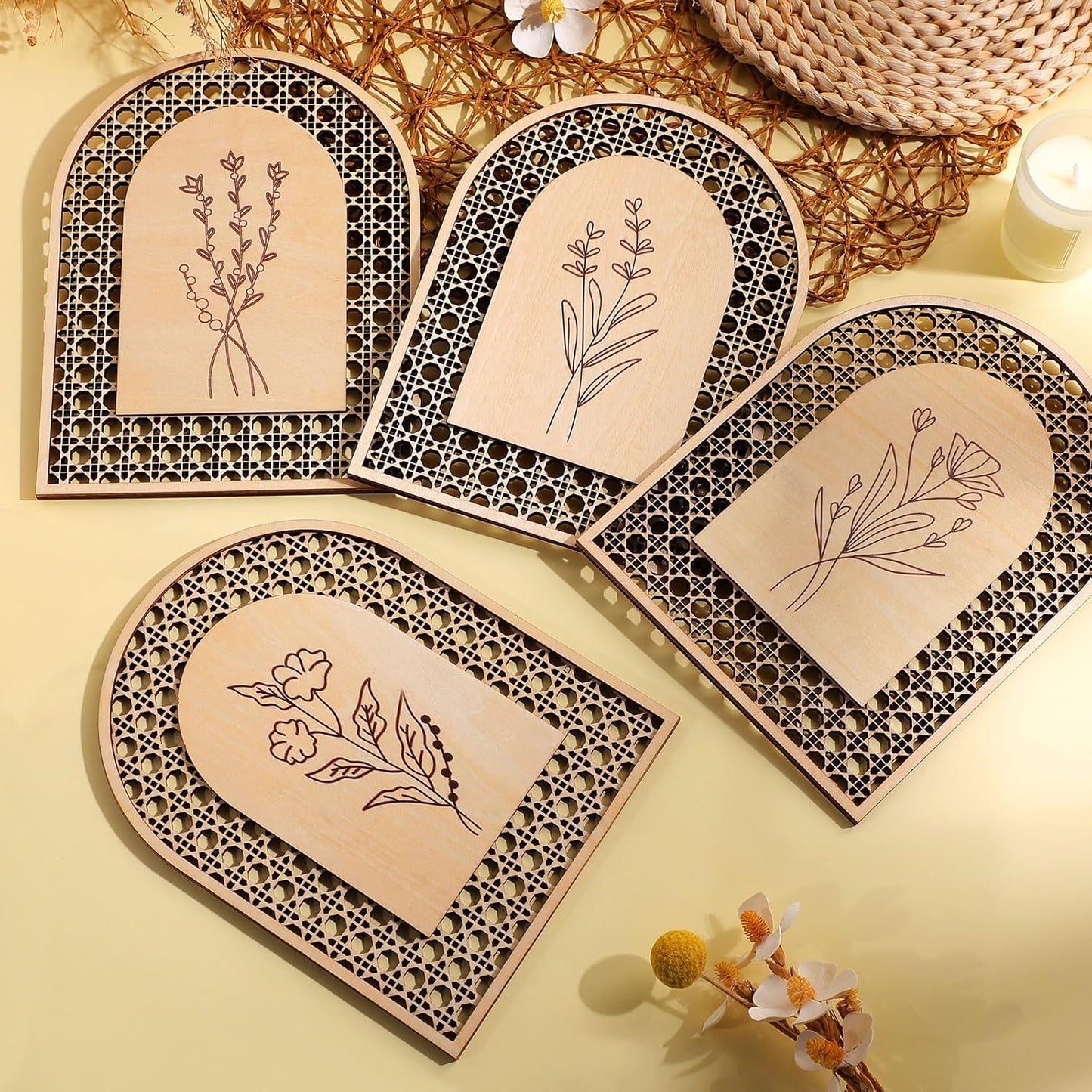 Rattan Wooden Boho Wall Decor Floral Room Wall Art Aesthetic Nursery Farmhouse / Natural / Set of 4