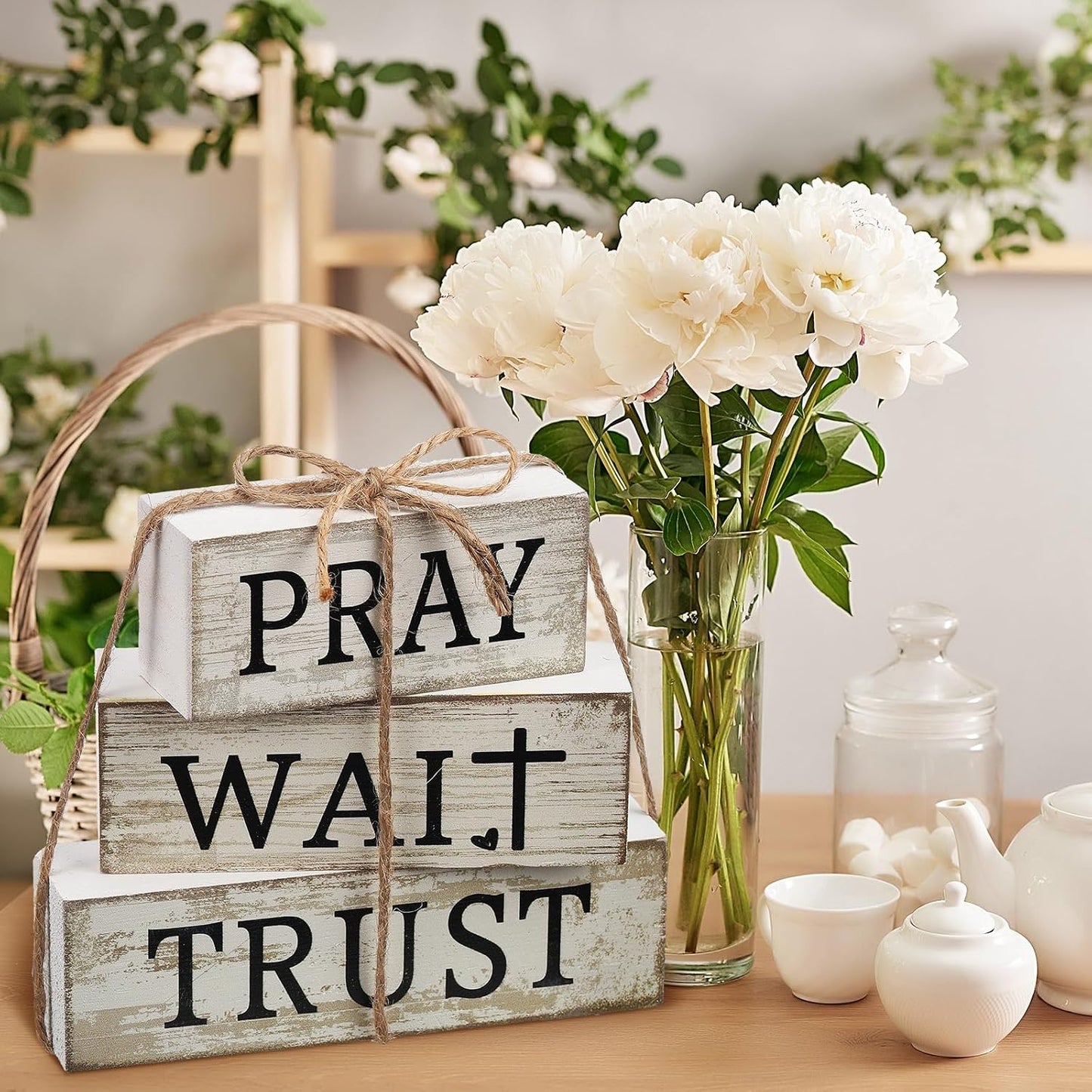Farmhouse Wooden Table Decor Christian Tiered Tray Decorations Rustic / Pray / White / Set of 4