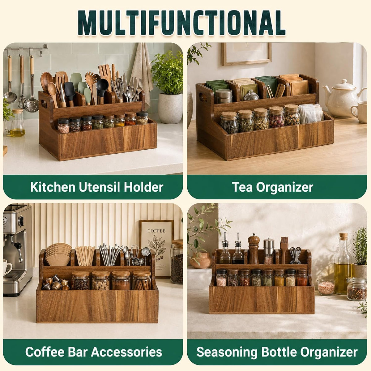 YESGIRL Acacia Kitchen Utensil Holder For Counter Or Wall Surface, Large Wooden Utensil Holder For Storage Cooking And