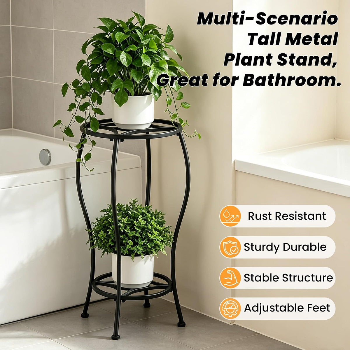 TOSKING 2-Tier Corner Metal Plant Stand, 28.7-Inch Geometric Shelf, Black | Curved-Leg Metal Plant Stand with Spacious