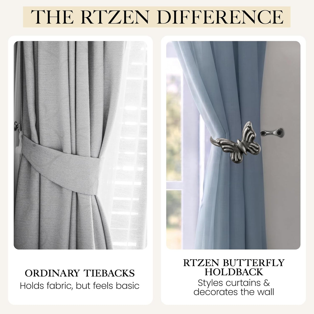 Metal Curtain Tiebacks, Drapery Holders for Wall, 2 Pcs | Farmhouse Wrought Iron Curtain Holdbacks, Ornamental Window