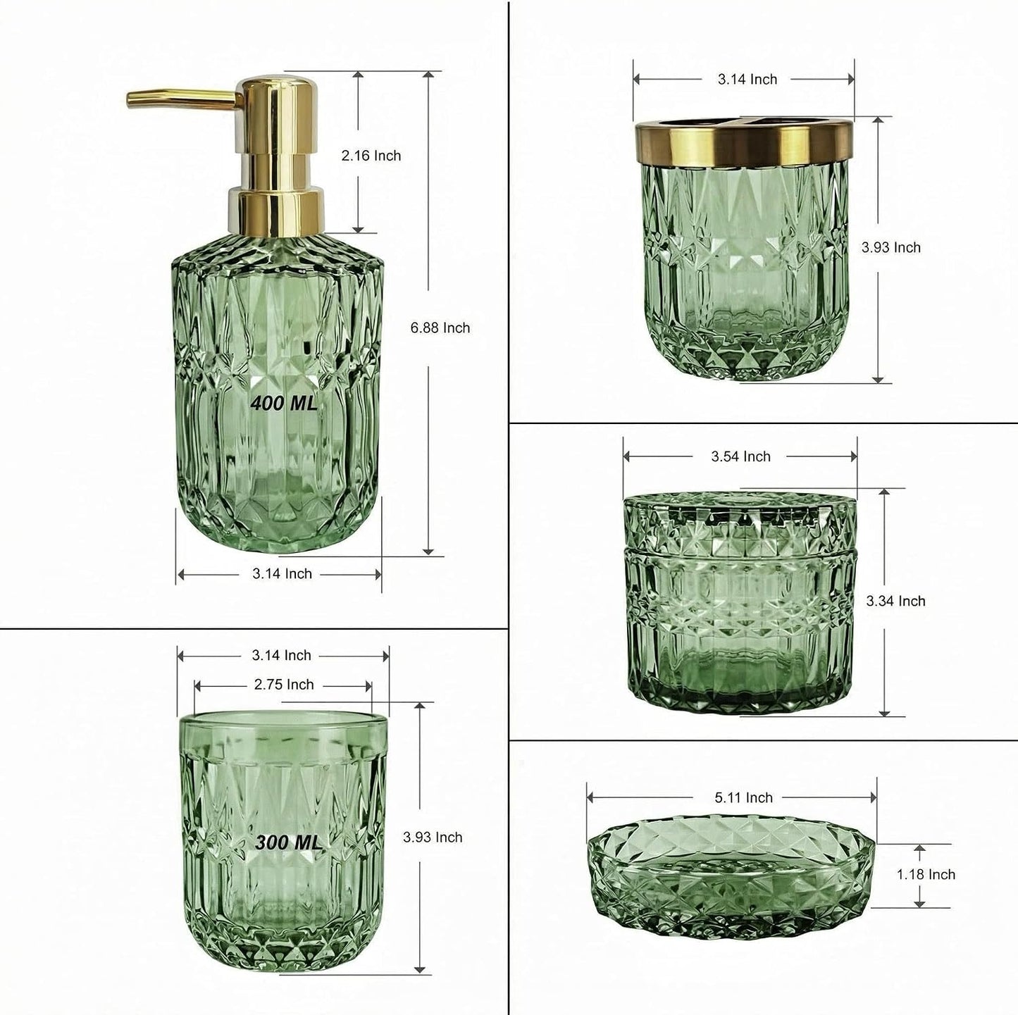 LaMarriti Green Bathroom Accessories Set, 6 Pcs Clear Glass Bathroom Set, Soap Dispenser, Soap Dish, Toothbrush Holder
