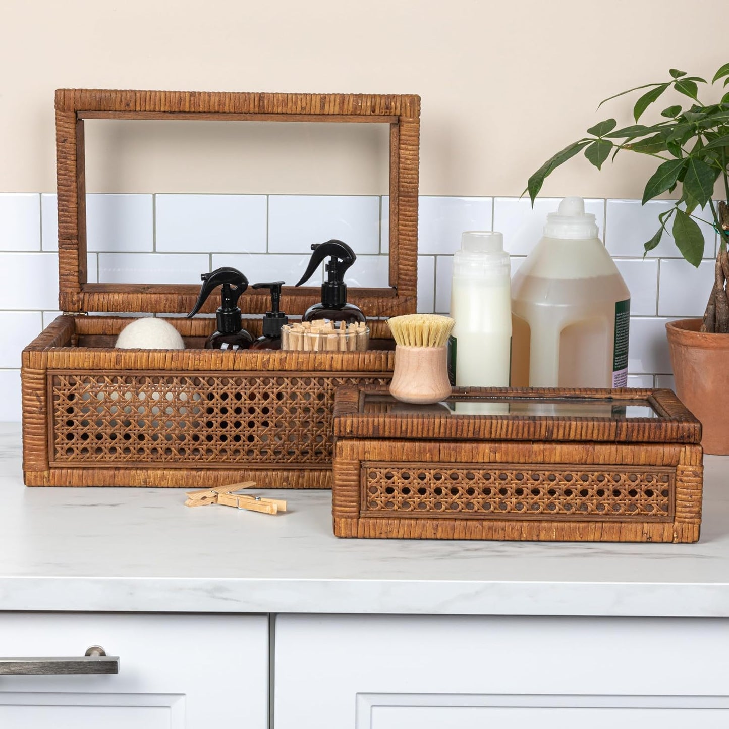 Modern Decorative Rectangle Woven Rattan and Wood Display / Dark Brown / Rectangular / Set of 2