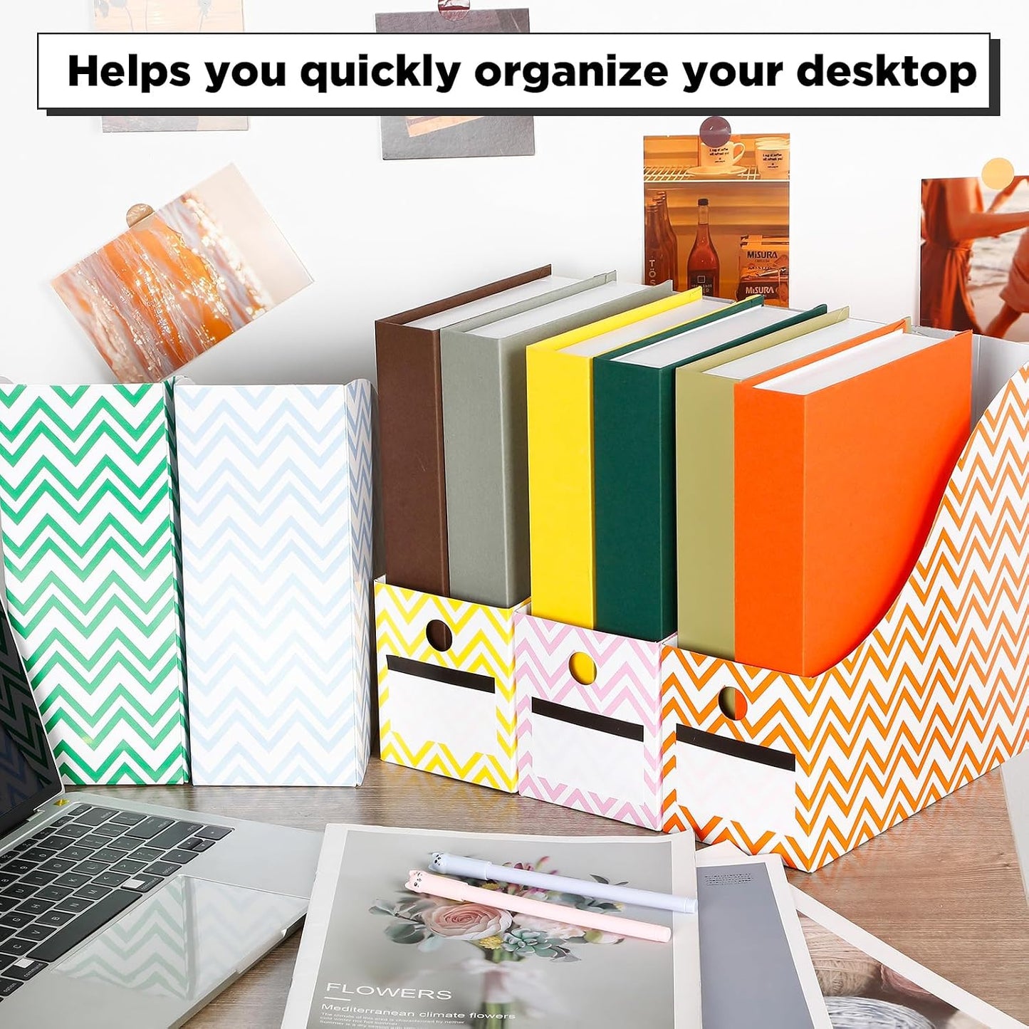 32 Pcs Cardboard Magazine File Holders Organizer, Solid, Striped | Foldable Magazine Boxes with Label Stickers, 8