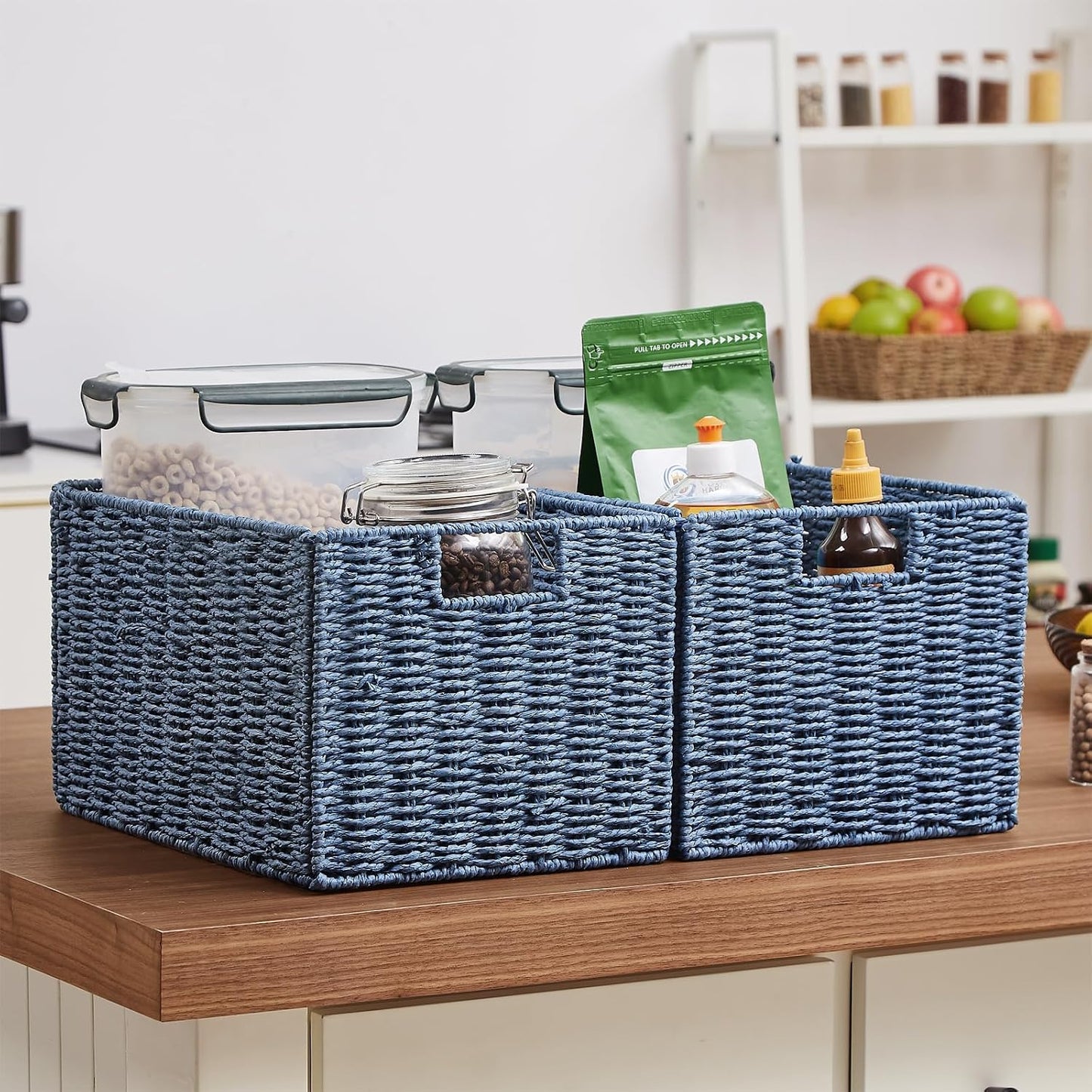 Wicker Storage Basket / Blue / 15.2"D x 10"W x 8.6"H / Set of 2