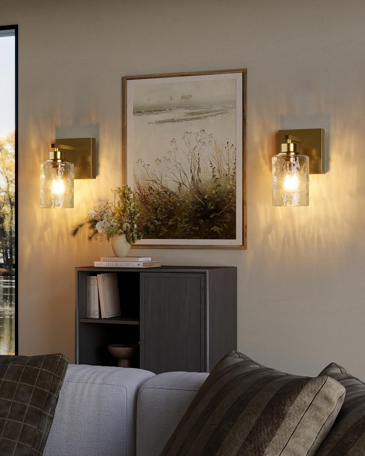 Hammered Glass Wireless Battery Operated Wall Sconces Set of Two Gold | Dimmable Rechargeable Wall Lights with Remote