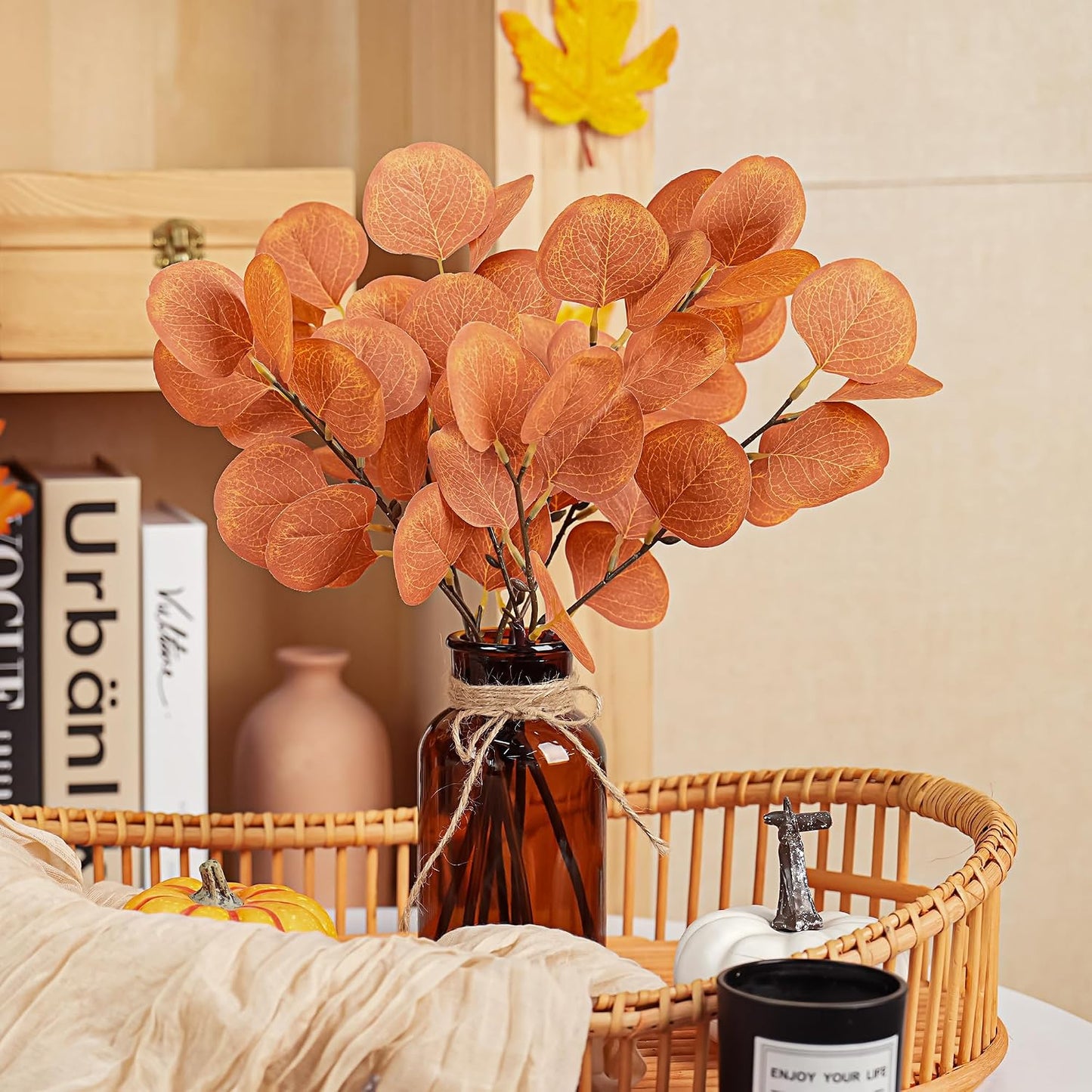 13.5" Fake Plants for Fall Bathroom Decor Autumn Artificial Eucalyptus Stems in Glass Vase / Amber