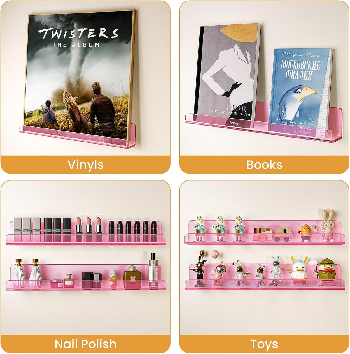 Vinyl Record Wall Mount Shelves, 12 inch Vinyl Holder, 8 Pack, Pink | Acrylic Floating Shelves for Album Record Storage