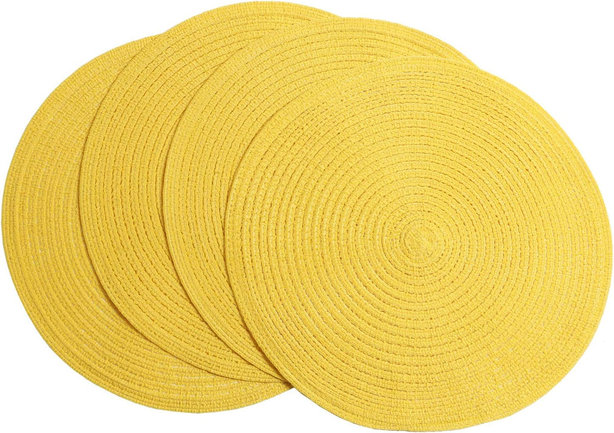 Floroom 15 Inch Round Braided Placemats Set of 4, Washable Heat Resistant Cotton Polyester Circle Place Mats for Kitchen Dining Table - Yellow