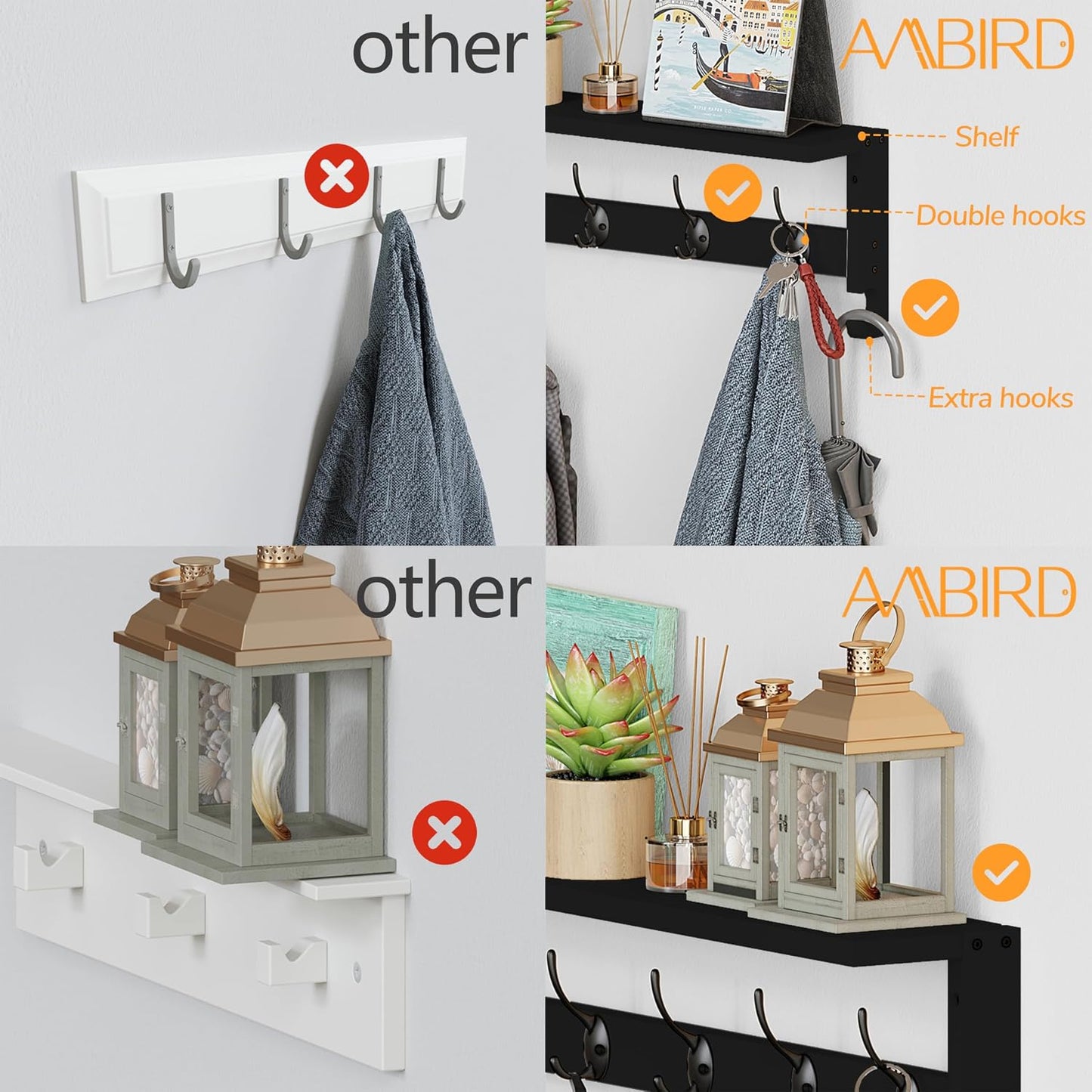 AMBIRD Coat Rack Wall Mount with Shelf, 28.9 Inches Coat Hooks Wall Mounted with 5 Hooks, Hat Wall Hooks for Hanging in